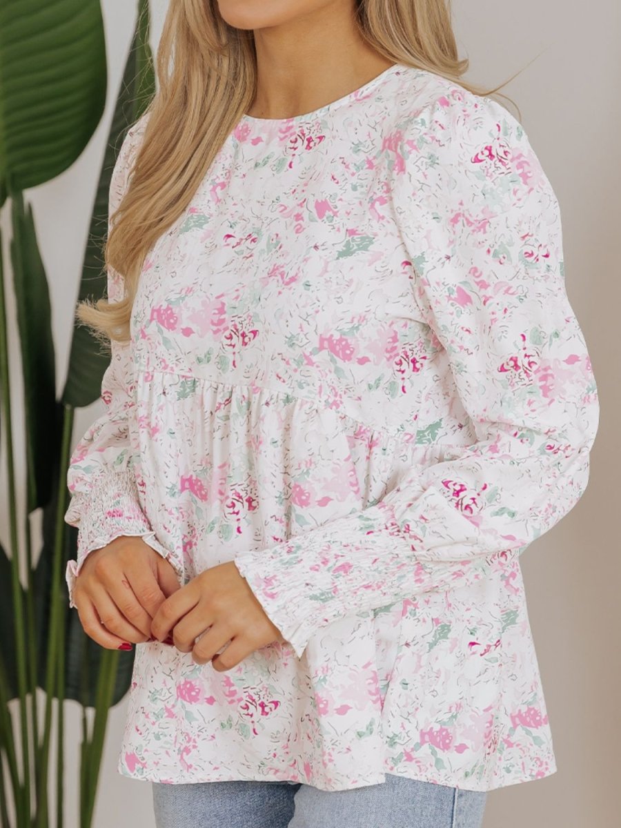 Stylish Printed Round Neck Long Sleeve Blouse for Women - Love Salve